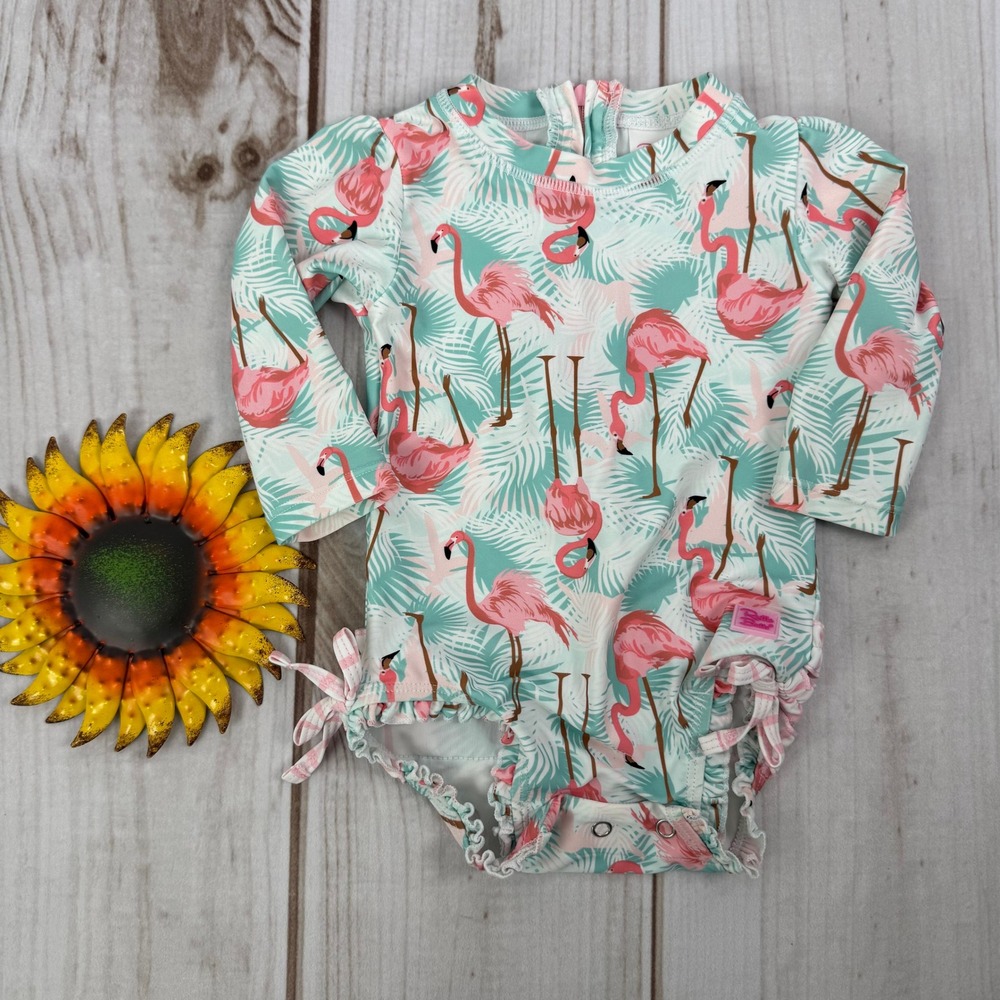Ruffle Butts Baby Girls 6-12M Flamingo Print‎ Long Sleeve One-Piece Swimsuit